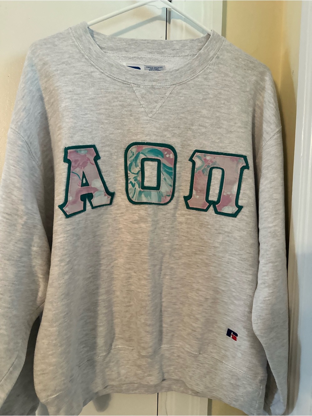 Russell Athletic Light Gray Crewneck Sweatshirt with Floral Applique Letters